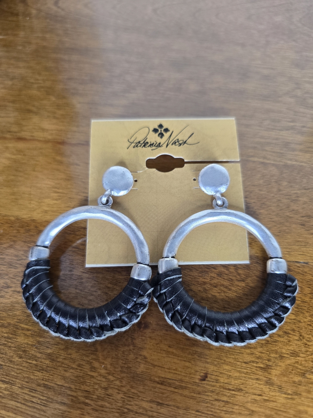 Patricia Nash Margaux Leather Wrapped Black & Silver OX Doorknocker Earrings
